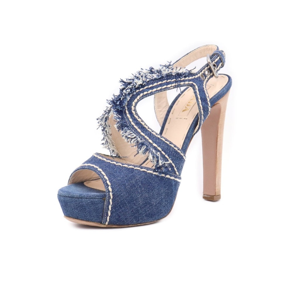 Prada Denim Fringe Heeled Sandals